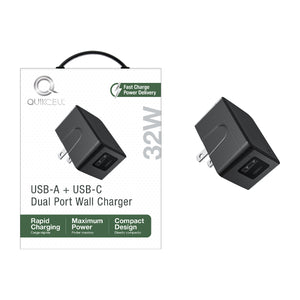 QUIKCELL 32W Power Delivery, Dual Port Wall Charger - BLACK