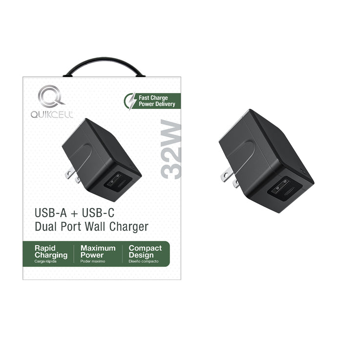 QUIKCELL 32W Power Delivery, Dual Port Wall Charger - BLACK